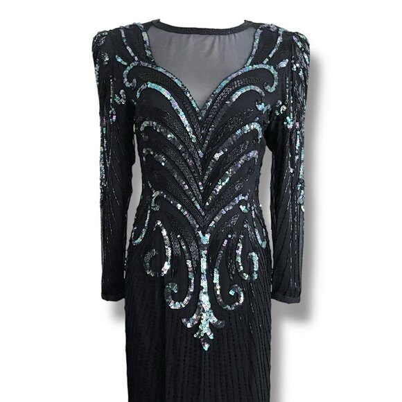 Vintage 1980s AJ Bari Womens Cocktail Dress Sz Small Black Silk Beaded Sequins - Picture 4 of 16